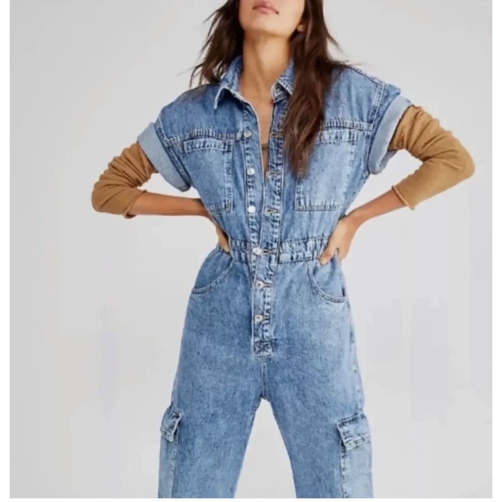 We the Free Marci S/S Denim Utility Jumpsuit w/ Cargo Pockets in It Blue S